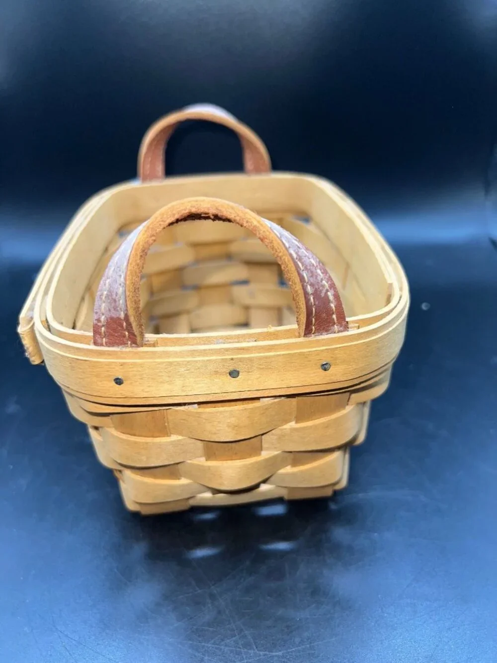 Longaberger Handmade Basket Leather Handles 2003 Rustic Woven Wood USA Vintage